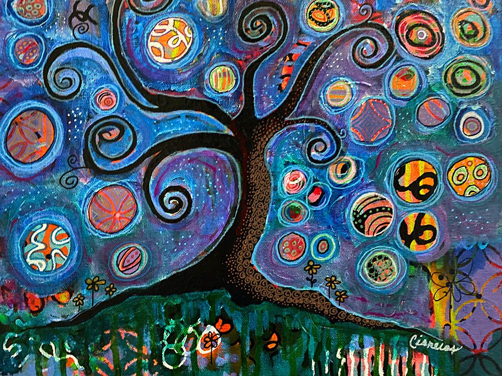 Midnight Magic, original whimsical tree painting by Pamela Cisneros